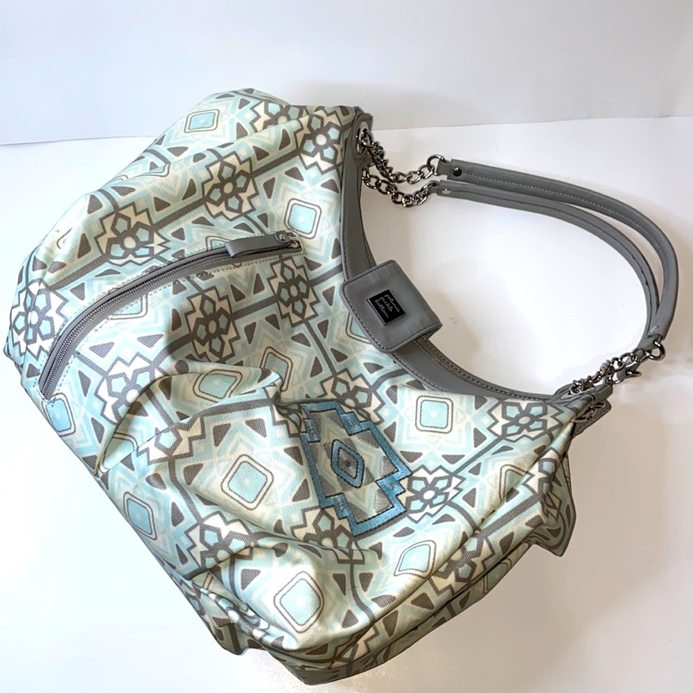 Petunia Pickle Bottom Baby Bag white, light blue & gray Baby Bag waxed cotton